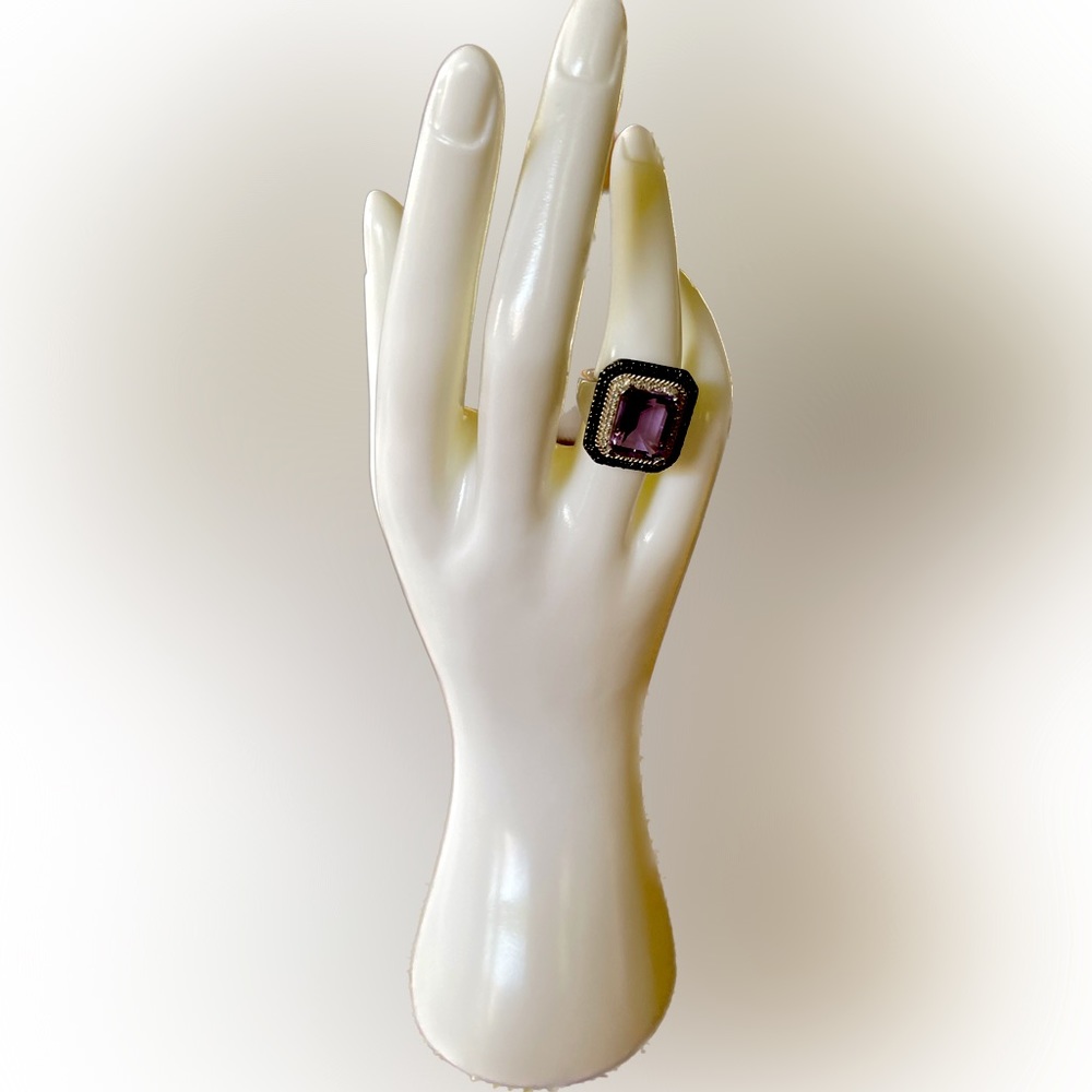 JS ring Square Cut Amethyst with Black “diamond” border Cocktail Ring